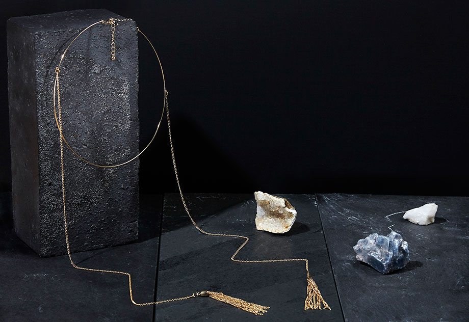 Collar con borlas 3€, collar doble con pedrería 3€, set de 2 pendientes desiguales con rombo 3€